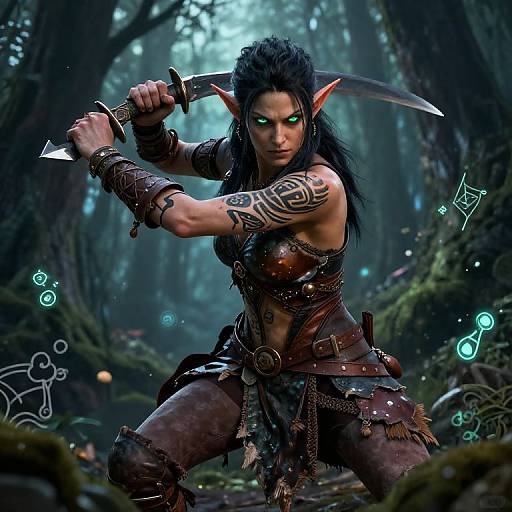 Digital CGI artwork of a fierce female elf with glowing green eyes, black hair, tribal tattoo, dual knives, dark forest background.