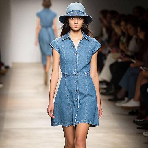 Photograph of a runway model in a blue denim dress with short sleeves and a wide-brimmed hat, walking down a brightly lit catwalk.