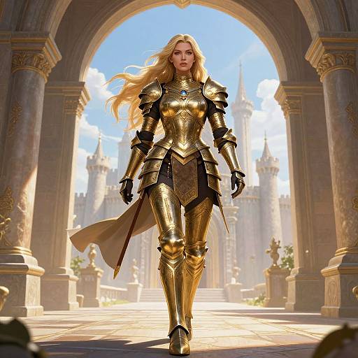 Digital art of a blonde woman in golden medieval armor, walking through a sunlit, grand stone archway with a castle in the background.
