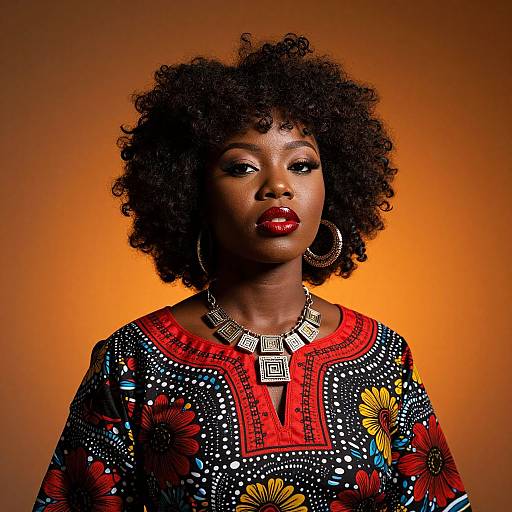 Photograph of a confident Black woman with curly hair, red lipstick, large hoop earrings, and colorful, patterned dress against an orange backdrop.