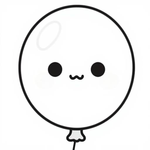 Black and white digital drawing of a cute, round, balloon-like character with two black dots for eyes and a small, curved smile. It has a