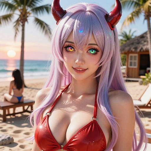 Digital anime-style photograph of a purple-haired, red-demon horns-wearing woman with colorful heterochromatic eyes, red bikini, on a sunlit