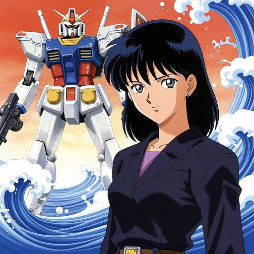 Anime-style illustration of a serious black-haired woman in a black blazer standing in front of a large, colorful robot with a gun, against a wave