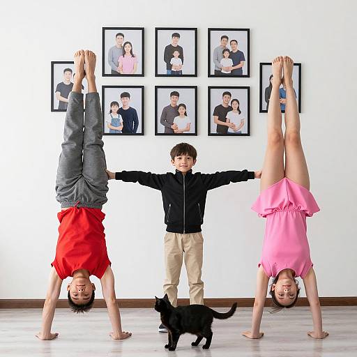 Playful Acrobatic Performance with Family Portraits