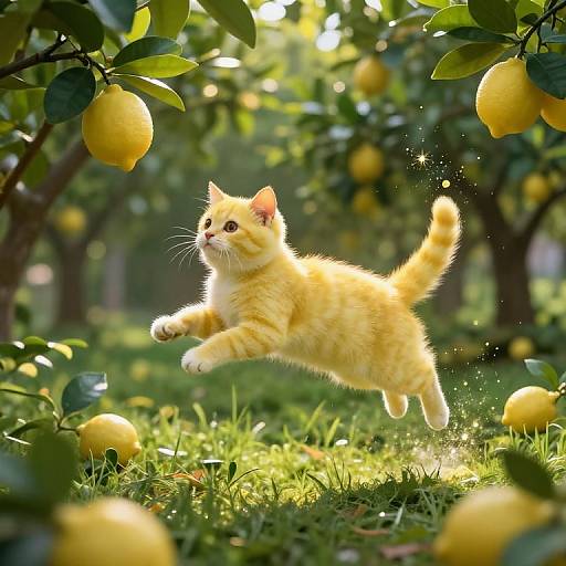 Photograph of a fluffy yellow kitten mid-leap in a sunlit lemon tree orchard, surrounded by ripe lemons and green leaves.