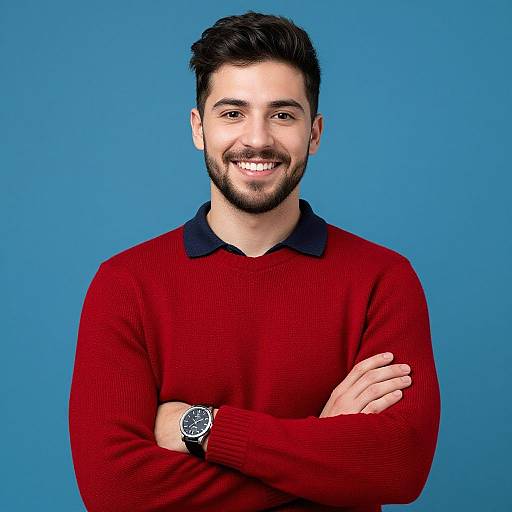 Photograph of a smiling, bearded man with dark hair, wearing a red sweater with a black collar, blue background, and a silver watch on