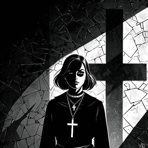 Black-and-white digital drawing of a serious woman with a bob haircut, wearing a cross necklace, standing in front of a cracked, cross-shaped window.