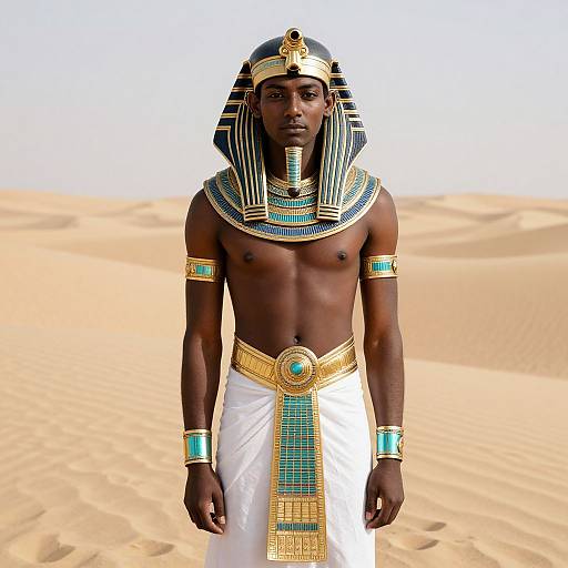 Photograph of a muscular, dark-skinned man in ancient Egyptian attire, featuring a striped headdress, turquoise and gold accessories, white kilt,