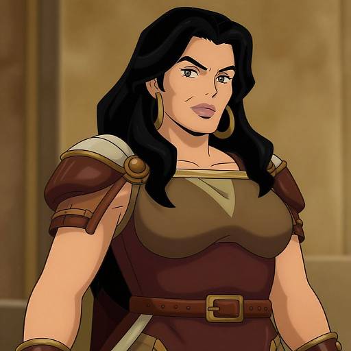 Digital drawing of a strong, dark-haired woman with long wavy hair, brown armor, large gold earrings, and a determined expression. Background is a