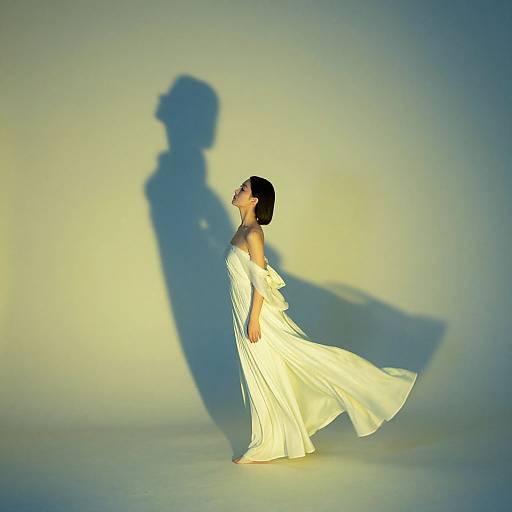 Photograph of a woman in a flowing white dress, casting a shadow on a beige wall, standing barefoot, with short black hair, in soft