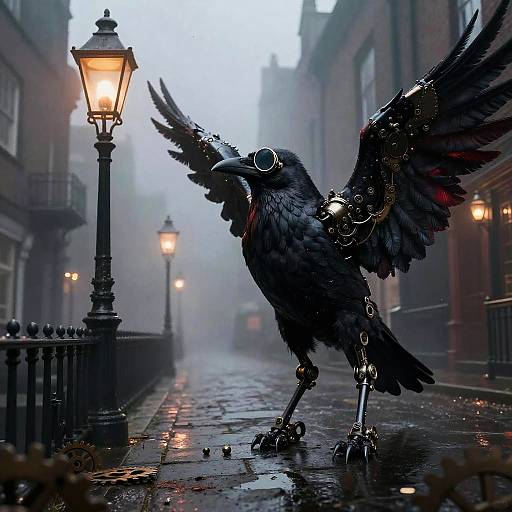 Steampunk Raven in Foggy Victorian Street