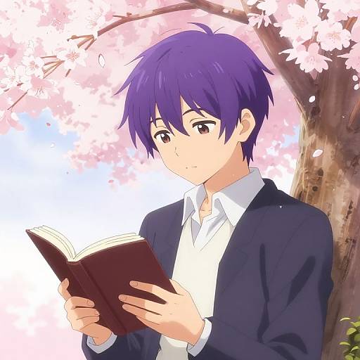 Anime-style drawing of a purple-haired boy in a black blazer and white shirt, reading a book under cherry blossoms.