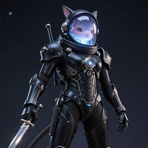 Digital CGI of a futuristic, cat-eared astronaut in black armor with a glowing blue visor, holding a sword, against a dark space background.