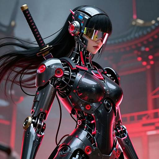 Digital illustration of a sleek, black, cybernetic woman with long black hair, wearing reflective visor, and a sheathed katana on her