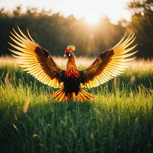Elegant Phoenix Spreading Wings in Sunlit Field