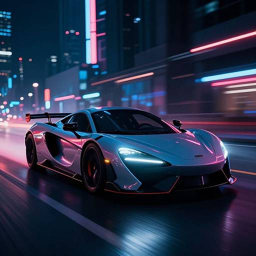 Photograph of a sleek, neon-lit, silver Lamborghini speeding through a vibrant, cyberpunk city at night, with colorful neon lights blurring