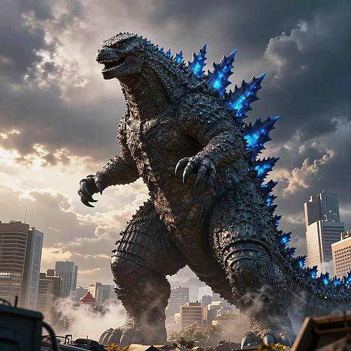Realistic Godzilla Towering Over City