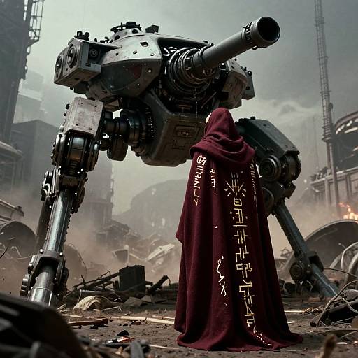 Digital artwork of a hooded figure in a red cloak with white runes, standing beside a massive, mechanical tank in a post-apocalyptic, ruined city