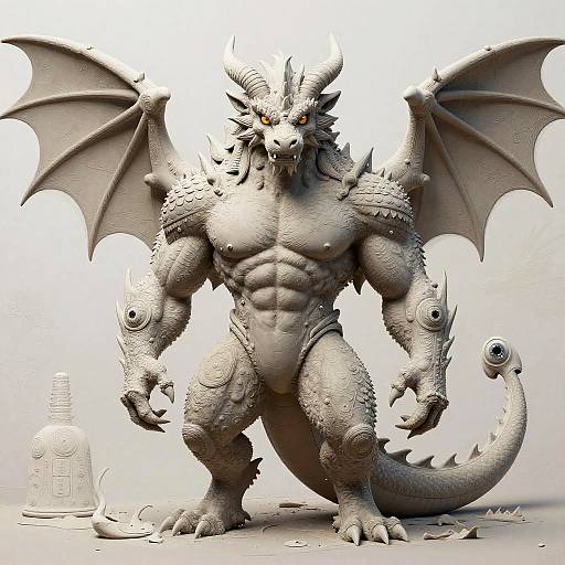 CGI dragon-human hybrid with muscular physique, textured gray scales, large wings, and horns stands menacingly beside a tombstone. Detailed, fantasy artwork