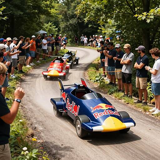 Photograph of a Red Bull racing car on a forest road, with spectators on both sides, under bright sunlight, surrounded by trees.