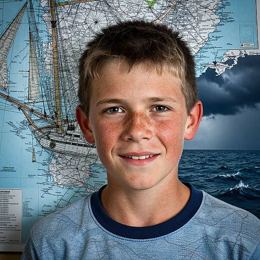 Photograph of a smiling young boy with short brown hair, freckles, and blue eyes, wearing a light blue shirt, standing in front of