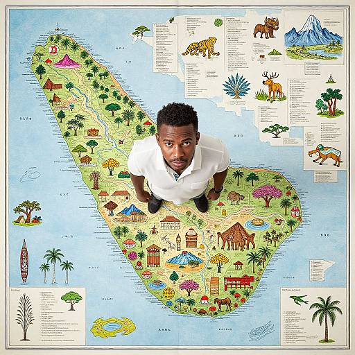 Photograph of a Black man in a white shirt standing on a colorful, detailed map of Africa, surrounded by educational illustrations.