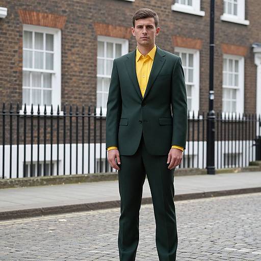 Photograph of a serious, young Caucasian man in a dark green suit with a bright yellow shirt, standing on a cobblestone street in front of
