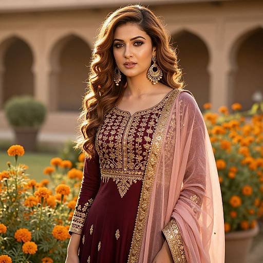 Photograph of an elegant South Asian woman with long, wavy brown hair, wearing a maroon and pink embroidered traditional outfit, standing in a sun