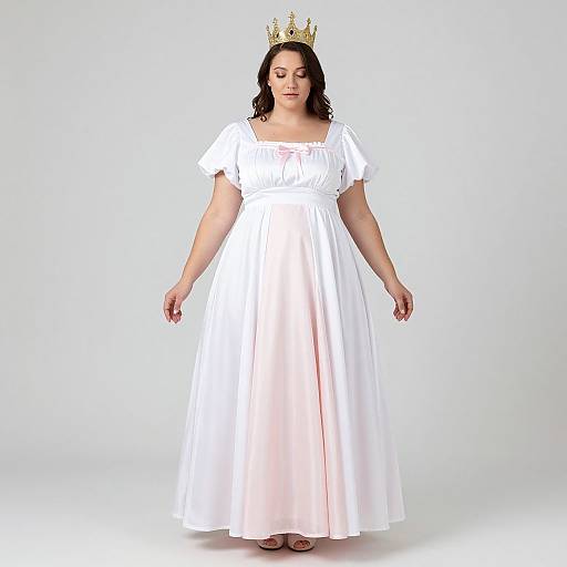 Photograph of a plus-sized woman with fair skin, black wavy hair, wearing a white gown and gold crown, standing against a plain white background