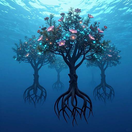 Digital art of underwater trees with glowing pink and blue flowers, illuminated by sunlight from above, with visible roots.