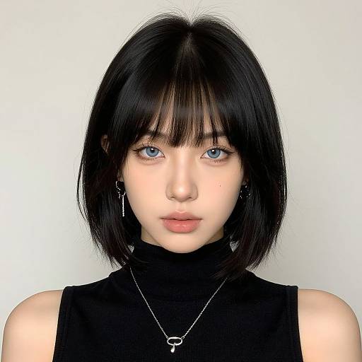 Digital portrait of a young Asian woman with black bob haircut, blue eyes, black sleeveless turtleneck, silver necklace, and white background.