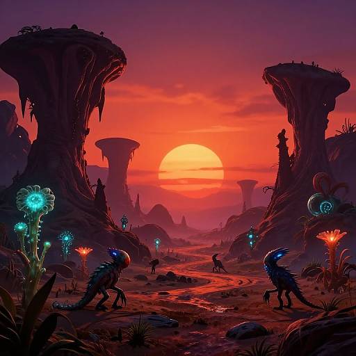 Digital artwork of a vivid, alien sunset landscape with glowing plants, towering rock formations, and blue-spiked creatures in a reddish-purple sky.