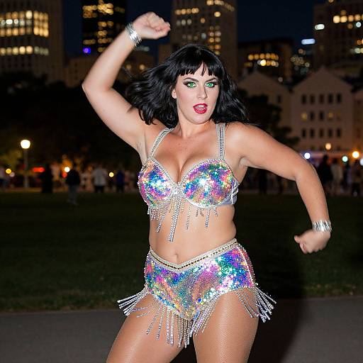 Photograph of a curvy woman with black hair, green eyes, wearing a glittery, sequined bra and skirt, dancing at night in a