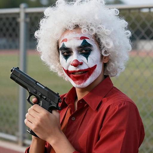 Mysterious Clown with Afro Wig and Gun