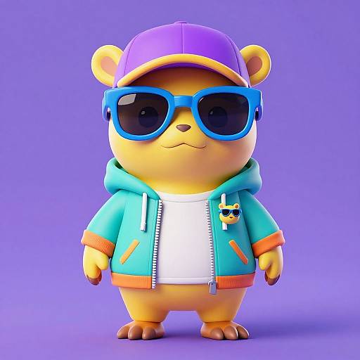 CGI cartoon bear with yellow fur, wearing blue sunglasses, purple cap, teal hoodie, white shirt, and orange accents, standing against purple background.