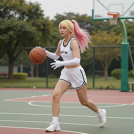 Blonde Woman Playing Basketball Outdoors
