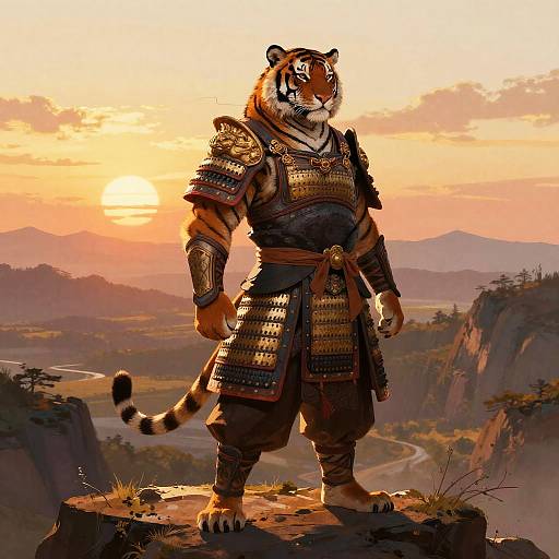 Digital art of a muscular, anthropomorphic tiger in detailed samurai armor standing on a cliff at sunset, with a winding river and mountains in the background