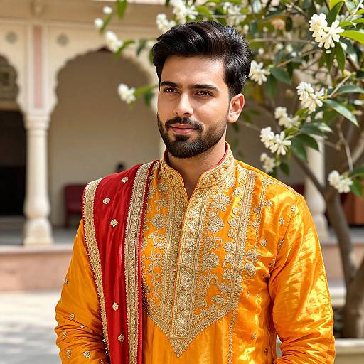 Photograph of a bearded Indian man with dark hair, wearing an ornate golden-orange kurta with red embroidery, standing outdoors in front of a