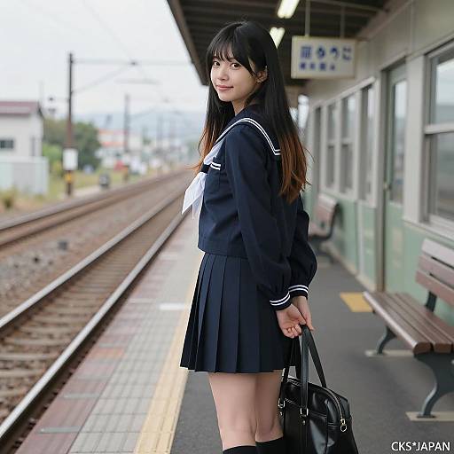 Young Woman in Navy Blue School Uniform at Train Station