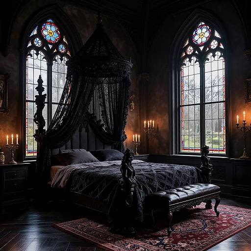 Gothic-style bedroom photograph with dark, ornate canopy bed, black curtains, stained glass windows, lit candles, and a red patterned rug