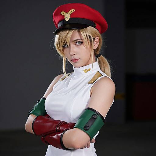 Cosplay photograph of a blonde woman in a red military-style cap, white sleeveless top, green and red arm bracers, with arms crossed,