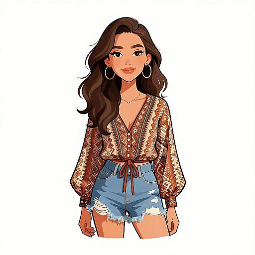 Digital illustration of a smiling woman with long brown hair, wearing a patterned blouse and distressed blue denim shorts, large hoop earrings.