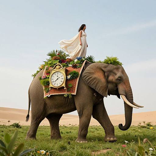 Photograph of a woman in a white dress riding a decorated elephant with a clock, flowers, and greenery in a grassy desert landscape.