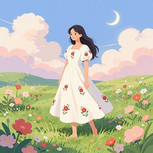 Digital illustration of a woman with long black hair in a white floral dress, standing in a vibrant, sunlit meadow with colorful flowers and a cres
