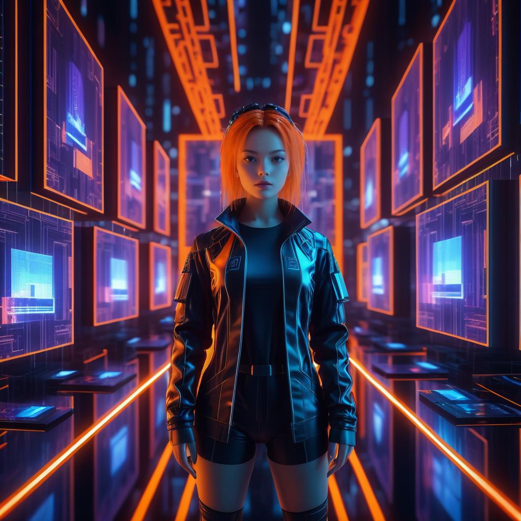 Futuristic Female Hacker in Cyberpunk City