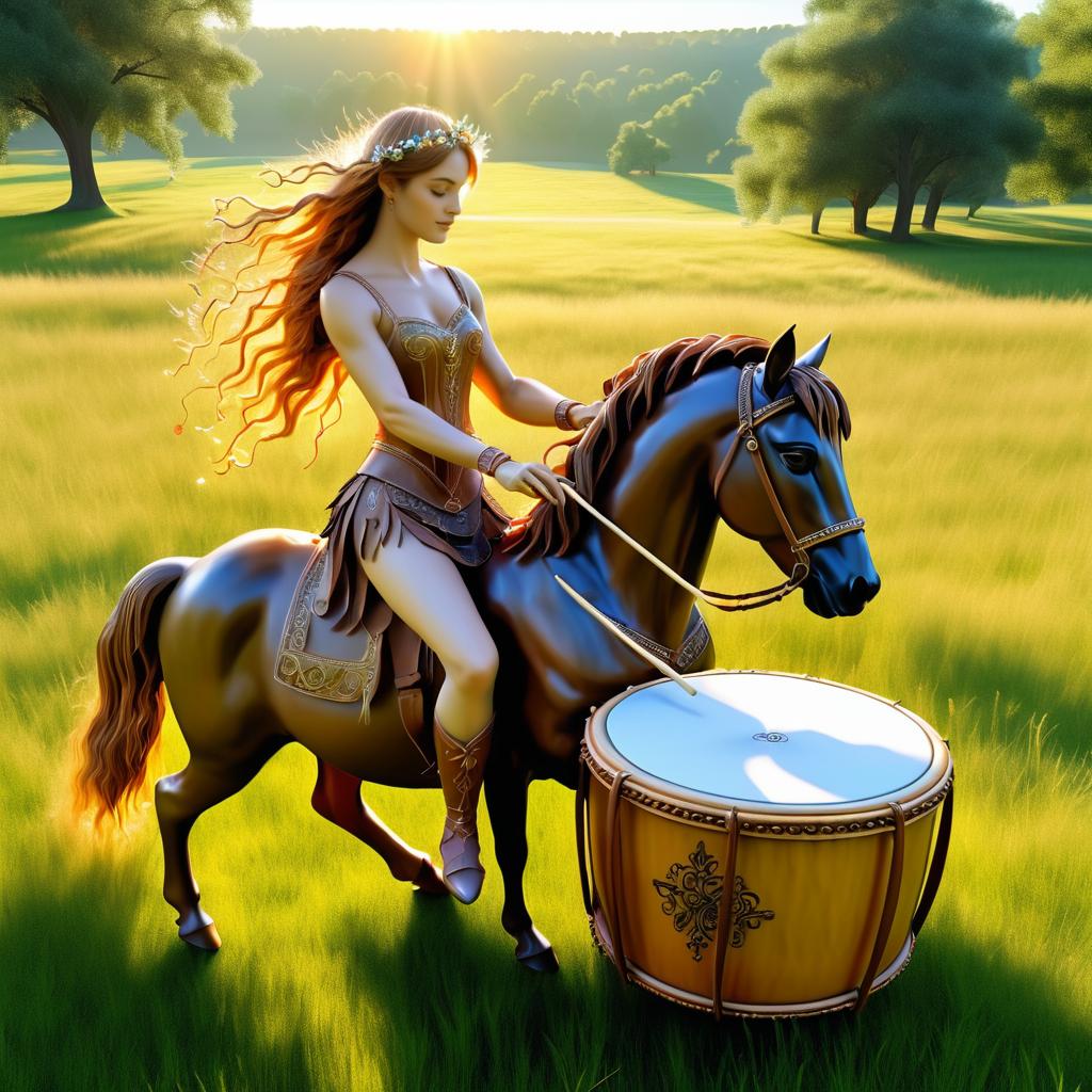 Romantic Centaur Drumming in Meadow