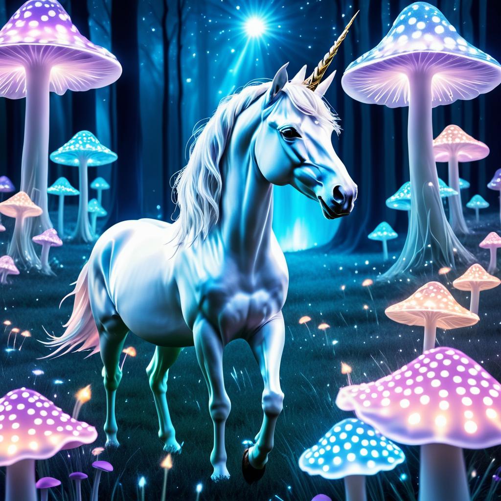 Ethereal Unicorn in Glowing Mushroom Field