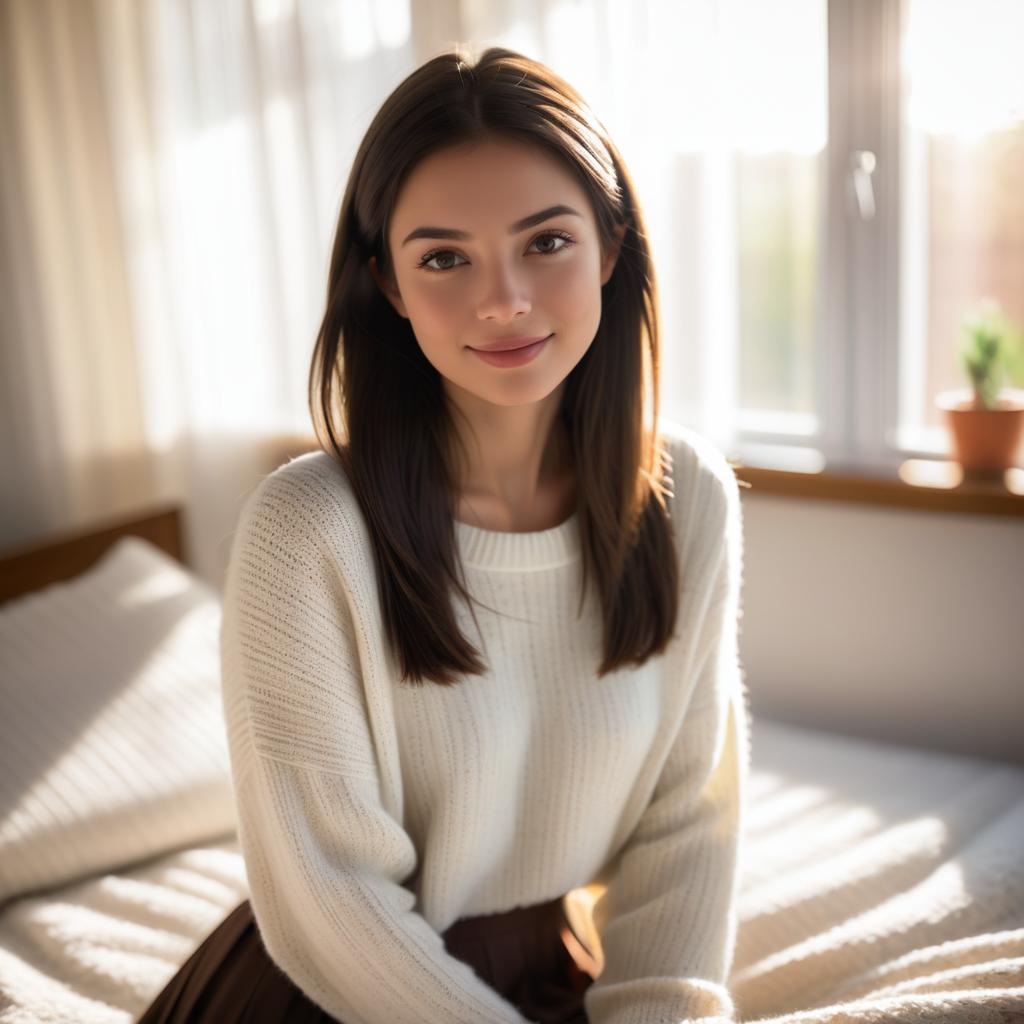 Young Woman Relaxing in Bright Bedroom