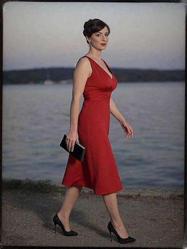 Photograph of a fair-skinned woman with dark hair in an updo, wearing a red sleeveless dress and black heels, holding a black clutch
