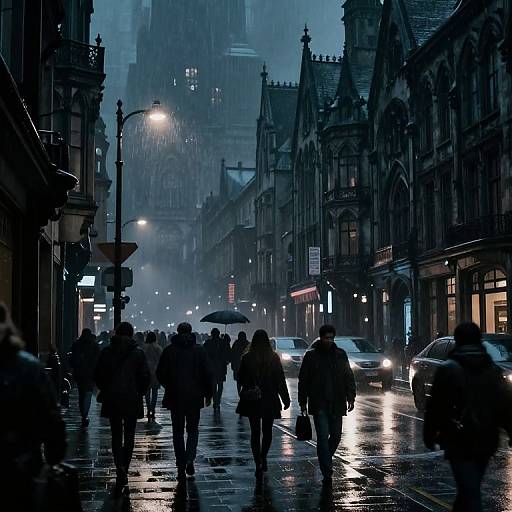 Photograph of a rainy, twilight urban street with silhouetted pedestrians, illuminated Gothic architecture, wet pavement reflections, and misty background.